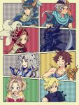 1girl breasts butz_klauser cecil_harvey closed_mouth cloud_strife commentary_request dark_knight_(final_fantasy) dissidia_final_fantasy final_fantasy final_fantasy_i final_fantasy_ii final_fantasy_iii final_fantasy_iv final_fantasy_v final_fantasy_vi final_fantasy_vii frioniel ichi_(pixiv6373491) looking_at_viewer medium_hair multiple_boys onion_knight open_mouth paladin_(final_fantasy) smile tina_branford warrior_of_light 