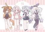  4girls absurdres animal_ear_fluff animal_ears asymmetrical_footwear bare_shoulders black_eyes black_pantyhose black_shoes black_shorts black_vest blue_eyes blue_shoes blue_streaks blunt_bangs blush braid brown_hair brown_socks closed_mouth commentary_request double_bun full_body grey_hair hair_bun hands_on_own_hips hands_up highres kiri_ume letterboxed long_hair long_sleeves looking_at_viewer low_twintails mismatched_footwear multicolored_hair multiple_girls no_shoes open_mouth orange_eyes original outside_border pantyhose pantyhose_under_shorts pink_eyes pink_socks plaid_clothes plaid_shorts rabbit_ears rabbit_girl red_eyes romaji_commentary shirt shoes short_hair shorts simple_background single_braid single_thighhigh sleeves_past_fingers sleeves_past_wrists smile socks standing standing_on_one_leg streaked_hair striped_clothes striped_socks thighhighs twintails vest white_background white_hair white_shirt 