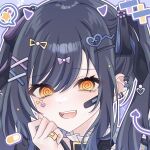  1girl :d @_@ aegyo_sal bandaid bandaid_on_cheek bandaid_on_face bandaid_on_finger bandaid_on_hand black_bow black_collar black_hair blue_background blue_bow blue_hoodie blush bow close-up collar commentary_request demon_horns demon_tail drawn_horns drawn_tail ear_piercing eyes_visible_through_hair facial_mark fang frilled_collar frills hair_between_eyes hair_ornament hand_on_own_cheek hand_on_own_face hand_up heart heart_facial_mark heart_hair_ornament highres hood hood_down hoodie horns korean_commentary looking_at_viewer nail_polish open_mouth orange_eyes outline pale_skin piercing pill pink_horns plaid_clothes plaid_hoodie portrait project_sekai purple_horns purple_tail raised_inner_eyebrows shiraishi_an sidelocks simple_background smile solo spoken_star star_(symbol) star_hair_ornament swept_bangs tail teeth tongue touyu_1210 twintails two-tone_bow upper_teeth_only white_outline x_hair_ornament 