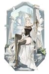  1girl armored_boots bare_shoulders bird boots character_request closed_mouth collarbone copyright_request dove gauntlets grey_eyes halo high_heel_boots high_heels highres holding holding_sword holding_weapon long_hair sakichka sitting solo sword thigh_boots twitter_username weapon 