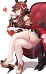  1girl absurdres animal_ears asymmetrical_footwear bare_shoulders blush braid braided_hair_rings breasts brown_hair brown_tail commentary_request couch dress ear_covers gentildonna_(regina_dei_fiori)_(umamusume) gentildonna_(umamusume) gloves hair_between_eyes hair_rings heart heart_ear_ornament high_heels highres horse_ears horse_girl ieufg large_breasts looking_at_viewer mismatched_footwear on_couch one_eye_closed red_eyes see-through_cleavage see-through_clothes sidelocks simple_background sitting skindentation smile solo spoken_heart thick_thighs thighhighs thighs umamusume white_background white_gloves white_thighhighs 