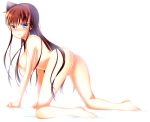  1girl all_fours barefoot blue_eyes blush breasts brown_hair crying crying_with_eyes_open eyebrows_visible_through_hair floating_hair full_body hair_between_eyes large_breasts long_hair looking_at_viewer looking_back meitantei_conan mouri_ran nude pokurouta sideboob simple_background solo tears very_long_hair white_background 