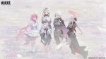  5girls absurdres black_bow black_cape black_dress black_shirt black_skirt blonde_hair bow breasts cape capelet closed_eyes closed_mouth dorothy_(nikke) dress field flower flower_field goddess_of_victory:_nikke goggles goggles_on_head grey_hair halo headpiece highres large_breasts liliweiss_(nikke) lily_(flower) long_hair long_sleeves multiple_girls official_art open_mouth outdoors pink_hair poncho red_halo scarlet_(black_shadow)_(nikke) scarlet_(nikke) shirt skirt smile snow_white_(innocent_days)_(nikke) snow_white_(nikke) standing white_capelet white_dress white_flower white_hair 