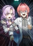  2girls ange_katrina ange_katrina_(lab_coat) belt black_hairband black_skirt blue_eyes brown_belt claw_ring clenched_hand coat collared_shirt commentary_request crossed_bangs curtained_hair dark_background doidamon dress drill_hair drill_sidelocks emphasis_lines gloves grey_gloves grey_necktie grey_shirt hair_intakes hairband hand_up hands_up high-waist_skirt highres holding_another's_arm hyakumantenbara_salome hyakumantenbara_salome_(1st_costume) lab_coat lapels long_hair long_sleeves looking_at_viewer multicolored_eyes multiple_girls necktie nijisanji notched_lapels off-shoulder_dress off_shoulder open_clothes open_coat open_mouth purple_dress purple_eyes purple_hair red_hair scared screaming shirt shirt_tucked_in sidelocks single_sidelock skirt sleeve_cuffs sparkle_hair_ornament sparkling_eyes square-end_necktie sweat teeth tongue two-tone_eyes v-shaped_eyebrows virtual_youtuber white_coat 