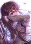  1girl blue_eyes brown_coat brown_hair coat from_side hair_between_eyes hand_in_hair kiwikong long_hair long_sleeves makise_kurisu open_clothes open_coat petals shirt signature solo steins;gate very_long_hair white_background white_shirt 