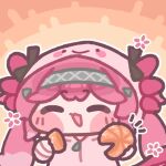  1girl :3 :d ^_^ blush_stickers chibi chibi_only closed_eyes commentary_request food fruit grey_hairband hairband holding holding_food hood hood_up hoodie incoming_gift korean_commentary long_hair lupa_(wuthering_waves) monyami notice_lines open_mouth orange_(fruit) orange_background orange_slice outline pink_hair pink_hoodie smile solo twintails upper_body white_outline wuthering_waves 