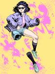  1girl black_hair black_legwear blue_footwear blue_shorts highres invisible jacket jojo_no_kimyou_na_bouken looking_at_viewer medium_hair older pink_shirt purple_jacket selina_rosa_davis shirt shizuka_joestar shorts socks solo sunglasses yellow_background 