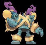  aliasing aqua_skin asymmetrical_eyes black_background clay colored_skin golem golurk mega_golurk mega_pokemon no_humans non-web_source official_art pokemon pokemon_(creature) pokemon_focus pokemon_legends:_z-a resized upscaled yellow_eyes yellow_trim 