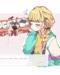  1girl bacteria black_ribbon blush cavity closed_eyes closed_mouth cross-section dental_filling dot_nose double_bun fan_request fujita_kotone furrowed_brow gakuen_idolmaster hair_bun hair_ornament hair_ribbon hairclip hand_on_own_face heart highres idolmaster inlay jacket long_hair long_sleeves mouth_focus multicolored_jacket odaibako outside_border pain parallel_fleet projected_inset realistic_teeth request_inset ribbon shirt small_sweatdrop solo sound_effects tearing_up toothache translation_request upper_body yellow_shirt 