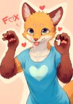  &lt;3 4_fingers absurd_res anthro blue_clothing blue_eyes blue_shirt blue_topwear breasts canid canine clothing color_fox english_text female fox front_view fur half-length_portrait hi_res inner_ear_fluff mammal multicolored_fur orange_fur orange_tail pawpads pink_pawpads portrait shirt solo tan_fur text topwear 