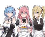  3girls apron ascot black_bow black_bowtie blonde_hair blue_eyes blue_hair blush bocchi_the_rock! bow bowtie breasts cleavage commentary_request cube_hair_ornament food frilled_apron frills gotoh_hitori gotoh_hitori_(tsuchinoko) hair_ornament hayasaka_ai highres holding holding_tray kaguya-sama_wa_kokurasetai_~tensai-tachi_no_renai_zunousen~ ketchup maid maid_headdress multiple_girls omelet omurice parted_lips pink_hair puteme re:zero_kara_hajimeru_isekai_seikatsu rem_(re:zero) side_ahoge side_ponytail simple_background tray tsuchinoko upper_body white_apron white_ascot white_background white_headdress 