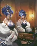  1girl absurdres alternate_costume alternate_hairstyle arcana_(reverse:1999) bare_shoulders blue_dress blue_hair breasts cleavage colored_tears commentary dress faucet feather_boa highres indoors large_breasts looking_at_mirror looking_at_viewer medium_hair mirror notgustiarp ponytail reflection reverse:1999 single_tear sink smile solo strapless strapless_dress upper_body wand_in_head yellow_eyes 
