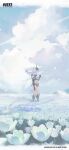  1girl absurdres armored_boots bandaged_leg bandages boots breasts cloud cloudy_sky day field flower flower_field goddess_of_victory:_nikke goggles goggles_on_head highres holding holding_flower large_breasts long_hair mechanical_arms mountainous_horizon navel official_art outdoors scar shorts sky snow_white_(heavy_arms)_(nikke) snow_white_(nikke) solo standing white_flower white_hair white_shorts yellow_eyes 