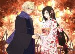  1boy 1girl alternate_costume autumn_leaves black_hair black_kimono blonde_hair blue_eyes blue_scarf blush bridge closed_mouth cloud_strife commission couple cowboy_shot earrings english_commentary final_fantasy final_fantasy_vii final_fantasy_vii_remake floral_print floral_print_kimono floral_print_sash hair_ornament hair_ribbon hetero japanese_clothes jewelry kimono lantern leaf long_hair long_sleeves looking_at_another looking_at_viewer low-tied_long_hair obi outdoors paper_lantern pink_kimono print_kimono red_eyes red_ribbon ribbon sash scarf short_hair smile spiked_hair tifa_lockhart ymirre 