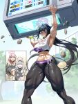  3girls abs absurdres alternate_muscle_size armband blue_archive blue_hair blue_sky breasts commentary_request eimi_(blue_archive) flower grin hair_flower hair_ornament halo highres himari_(blue_archive) large_breasts lifting_object long_hair multiple_girls muscular muscular_female navel open_mouth outdoors pants ponytail purple_eyes qtime_702 sky smile solo stadium strong sumire_(blue_archive) thick_thighs thighs tight_clothes tight_pants vending_machine 
