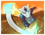  alolan_marowak artist_name artsy-theo blue_fire bone border commentary derivative_work english_commentary fire full_body grass motion_blur no_humans nostrils official_art_redraw orange_sky outdoors pokemon pokemon_(creature) pokemon_focus pokemon_tcg sky solo standing standing_on_one_leg throwing v-shaped_eyes white_border 