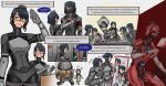  6+girls ^_^ absurdres adjusting_another's_clothes android ara_(signalis) black_hair black_hat blue_eyes cleaver closed_eyes corrupted_eule_(signalis) english_text eule_(signalis) hat highres holding holding_cleaver metal_skin mirror multiple_girls multiple_views musical_note mynah_(signalis) omnlet salute short_hair signalis skin_seams smile speech_bubble star_(signalis) white_background zombie 