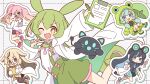  5girls :d ;3 ;d absurdres animal_hood black_hair black_shorts black_streaks blonde_hair blue_eyes blue_hair blue_streaks blush bright_pupils brown_eyes cake cake_slice cat character_request chibi clipboard closed_mouth commentary_request cowboy_shot dot_nose dotted_line double-parted_bangs food fork frog_hood green_raincoat green_shorts hair_between_eyes highres holding holding_clipboard holding_fork holding_pen holding_plate holding_test_tube hood hood_up id_card jitome lab_coat long_hair long_sleeves looking_at_viewer multicolored_hair multiple_girls neck_ribbon necktie one_eye_closed open_mouth outline pen pink_eyes pink_hair pink_ribbon plate raincoat ribbon shirt shorts simple_background smile streaked_hair suspender_shorts suspenders test_tube twintails voicevox white_background white_outline white_pupils white_shirt yellow_eyes yellow_necktie zundamon zungurimukkuri_tarou 
