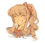  1other akiyama_mizuki alternate_hair_color alternate_skin_color bow bowtie brown_hair cardigan closed_eyes collared_shirt colored_skin commentary drill_hair drill_sidelocks english_commentary grey_cardigan grin hair_bow high_side_ponytail kamiyama_high_school_uniform_(project_sekai) medium_hair nopanamaman other_focus ponytail portrait project_sekai red_bow red_bowtie school_uniform shirt sidelocks skirt smile solo teeth upper_body white_background white_shirt yellow_skin 