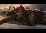  2019 anthro black_bars black_nose canid canine canis detailed_background digital_media_(artwork) domestic_dog fur grimoiren hair male mammal red_eyes red_fur red_hair solo 