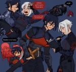  3girls absurdres ariane_yeong armor belt black_gloves blue_background blue_eyes blue_hair book breastplate carrying closed_eyes commentary elster_(signalis) english_commentary falke_(signalis) fingerless_gloves gloves highres holding holding_book holding_sword holding_weapon humanization jacket leaning_forward multiple_girls multiple_views omnlet open_mouth princess_carry scar scar_on_face scar_on_nose short_hair signalis smile speech_bubble standing sword weapon white_hair yuri 