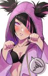  1girl black_bra black_hair black_nails blue_eyes blush bra breasts cleavage closed_mouth collarbone commentary_request diagonal_bangs hair_over_one_eye han_juri heterochromia hood hood_up hoodie looking_at_viewer multicolored_hair paw_pose pink_eyes pink_hair pink_hoodie short_hair short_twintails solo spoken_squiggle squiggle street_fighter street_fighter_6 twintails two-tone_hair underwear upper_body white_background yukkuriakitty 