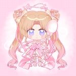  1girl absurdly_long_hair arm_warmers back_bow bare_shoulders beads blonde_hair blue_eyes blush_stickers bow bubble chibi chinese_commentary closed_mouth commentary_request double_bun dreamtime_bestowed_(infinity_nikki) dress footwear_bow frilled_arm_warmers frills gradient_hair hair_beads hair_bow hair_bun hair_ornament hair_ribbon hair_spread_out halftone halftone_background halo happy heart heart_hair_ornament holding holding_spoon infinity_nikki large_bow layered_dress leg_ribbon long_hair looking_at_viewer medium_dress multicolored_eyes multicolored_hair nikki_(series) outline oversized_object parted_bangs pink_background pink_bow pink_dress pink_hair pink_outline pink_ribbon pink_shoes purple_eyes ribbon shoes sleeveless sleeveless_dress smile solo spaghetti_strap spoon sprinkles standing straight-on tareme twintails two-tone_eyes two-tone_hair very_long_hair wavy_hair white_arm_warmers white_bow white_dress yu_wo_eryan_xiang_chuntian_de_ni 