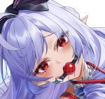  1girl ahoge ball_gag black_bow blush bow chinese_commentary commentary_request cropped drill_hair drill_sidelocks dutch_angle furrowed_brow gag gagged ginklaga hair_bow highres long_hair looking_at_viewer mixed-language_commentary o-ring paid_reward_available pointy_ears portrait purple_hair raised_inner_eyebrows red_eyes red_rope rope shibari side_part sidelocks simple_background solo striped_bow vivian_banshee vivian_banshee_(iris_of_the_shore) white_background wiffle_gag zenless_zone_zero 