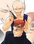  2boys abarai_renji alternate_hairstyle anger_vein bald barber_cape bleach blue_tank_top choso_giving_toudou_a_haircut_(meme) collarbone commentary dakaeya english_commentary evil_grin evil_smile eyeliner fade_(haircut) false_smile flattop forehead_tattoo grin hair_clipper high_top_fade highres holding_hair_clipper madarame_ikkaku makeup male_focus meme multiple_boys red_eyeliner smile sweatdrop tank_top tattoo undercut widow's_peak zoom_layer 