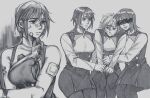  3girls ariane_yeong bandaid bandaid_on_cheek bandaid_on_face bandaid_on_nose braid censored comforting commentary covered_eyes crying cuts english_commentary erika_itou_(signalis) hand_on_another's_head headpat highres injury isolde_itou medium_hair monochrome multiple_girls multiple_views open_mouth pantyhose school_uniform scribble_censor siblings signalis simple_background single_braid sisters sitting strixzstx tears twins upper_body 