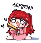  1girl :d akane_lize barefoot black_bow blonde_streaks blunt_bangs blush bow bright_pupils chibi chibi_only commentary_request dress eiul full_body grey_eyes gun hair_bow hair_ornament hairclip highres holding holding_gun holding_weapon korean_text long_sleeves mole mole_under_eye multicolored_hair open_mouth parallel_hairclips pink_dress simple_background sitting smile solo stellive streaked_hair translation_request two_side_up v-shaped_eyebrows virtual_youtuber weapon white_background white_pupils 