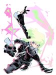  1boy action belt black_gloves black_jacket cravat fire gloves green_hair half_gloves highres jacket lio_fotia male_focus multiple_belts outstretched_arms promare purple_eyes solo tsukushino1007 