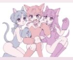  3girls :d animal_ears bare_shoulders blue_choker blue_hair blue_leotard blue_tail braid cat_ears cat_girl cat_tail choker closed_mouth cocoa_681 collarbone commentary dot_mouth fangs girl_sandwich kemonomimi_mode leotard long_hair multiple_girls pink_eyes purple_leotard purple_tail ranma-chan ranma_1/2 red_leotard sandwiched shampoo_(ranma_1/2) short_hair single_braid sitting smile tail tail_raised tendou_akane yuri 