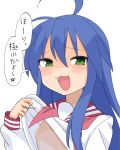  1girl :3 ahoge blue_hair blush censored commentary flashing green_eyes highres izumi_konata long_hair long_sleeves lucky_star mannga_saku mole mole_under_eye ryouou_school_uniform school_uniform translation_request 
