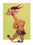  2019 ambiguous_gender antelope anthro barefoot border bovid boxer_briefs clothed clothing facial_markings fuel_(artist) fuel_(character) furgonomics gazelle green_background hands_on_hips head_markings hi_res horn leaning leaning_forward looking_at_viewer looking_back mammal markings on_one_leg raised_leg rear_view simple_background solo standing tail_clothing topless underwear white_border 