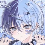  1boy :3 @_@ aegyo_sal aoyagi_touya bandaid bandaid_on_cheek bandaid_on_face black_collar black_nails blue_background blue_eyes blue_hair blue_hoodie blue_horns blue_tail blue_theme blush claw_pose close-up closed_mouth collar commentary_request demon_horns demon_tail double-parted_bangs drawn_horns drawn_tail ear_piercing eyes_visible_through_hair facial_mark hair_between_eyes hair_ornament hands_up heart heart_facial_mark heart_hair_ornament highres hood hood_down hoodie horns korean_commentary looking_at_viewer male_focus mole mole_under_eye multicolored_hair nail_polish outline pale_skin piercing pink_horns plaid_clothes plaid_hoodie portrait project_sekai raised_inner_eyebrows simple_background solo split-color_hair spoken_blush tail touyu_1210 two-tone_hair white_outline x_hair_ornament 