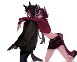  animal_ears animal_print ankle_socks arms_around_neck black_jacket black_pants black_socks brown_hair closed_mouth cosplay cropped_shirt dark-skinned_female dark_skin expressionless eyepatch from_side frown gun hair_between_eyes handgun happy highres holding holding_gun holding_weapon horse_ears horse_girl horse_tail interracial jacket james_sunderland james_sunderland_(cosplay) knees laurel_crown leg_up leopard_print long_hair long_sleeves looking_ahead looking_at_another maria_(silent_hill) maria_(silent_hill)_(cosplay) medium_hair midriff miniskirt multicolored_hair open_clothes open_jacket pants parody pencil_skirt ponytail print_skirt puffy_long_sleeves puffy_sleeves red_shirt red_skirt shirt silent_hill_(series) silent_hill_2 simple_background skirt sleeves_past_wrists socks streaked_hair symboli_kris_s_(umamusume) szrimp tail tanino_gimlet_(umamusume) umamusume very_long_hair walking wavy_hair weapon white_background yuri 