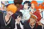  2girls 4boys abarai_renji animal_print beard_stubble black_hair black_kimono bleach bleach:_sennen_kessen-hen blue_eyes blurry blurry_background brown_eyes brown_hair chappy chest_tattoo closed_eyes dark-skinned_male dark_skin detached_sleeves facial_hair glasses hair_between_eyes hair_ornament hair_over_eyes hand_on_another's_shoulder hand_on_own_cheek hand_on_own_face headband highres inoue_orihime ishida_uryuu japanese_clothes jewelry kimono kuchiki_rukia kurosaki_ichigo matchattrex military_uniform multiple_boys multiple_girls necklace one_eye_closed open_mouth orange_hair ponytail purple_eyes red_hair sado_yasutora shihakusho smile stubble tattoo tiger_print tongue tongue_out v v_over_eye wandenreich_uniform 