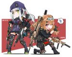  2girls assault_rifle bangs beret black_legwear black_skirt blunt_bangs brown_eyes brown_hair character_name dual_wielding eyebrows_visible_through_hair facial_mark fatkewell fingerless_gloves girls_frontline gloves goggles goggles_on_head green_eyes gun h&amp;k_hk416 h&amp;k_ump h&amp;k_ump9 hat hk416_(girls_frontline) holding holding_gun holding_weapon knee_pads kneeling long_hair looking_at_viewer multiple_girls one_eye_closed open_mouth pantyhose pleated_skirt ponytail rifle silver_hair simple_background skirt standing submachine_gun teardrop thighhighs twintails ump9_(girls_frontline) weapon 