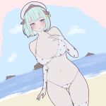  1girl animal_ears animal_print ass_visible_through_thighs beach bikini blue_eyes blue_hair blush breasts bridal_gauntlets commentary cow_ears cow_print cow_print_bikini cow_print_bridal_gauntlets cowboy_shot day double-parted_bangs dutch_angle ear_tag facing_viewer fake_animal_ears flat_color hand_on_own_chest hat highres indie_virtual_youtuber large_breasts looking_to_the_side navel ocean open_mouth outdoors peaked_cap pink_pupils print_bikini print_bridal_gauntlets rapid17 short_hair solo stomach sweat swimsuit thighs virtual_youtuber white_hat yangdoki 