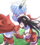  2girls absurdres animal_ears blue_hair bow braid brown_hair closed_eyes closed_mouth commentary_request daiichi_ruby_(umamusume) drill_hair drill_sidelocks ear_covers ear_flower gogono_pan'ya gym_shirt hair_between_eyes hair_bow hair_ornament highres horse_ears horse_girl horse_tail jacket k.s.miracle_(umamusume) long_hair long_sleeves multiple_girls red_bow red_jacket red_shorts shirt short_hair shorts side_drill sidelocks sweatdrop tail tracen_training_uniform track_jacket umamusume white_shirt yuri 