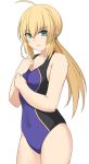  1girl ahoge artoria_pendragon_(all) bare_arms bare_shoulders black_swimsuit blue_swimsuit blush check_character collarbone competition_swimsuit cowboy_shot eyebrows_visible_through_hair fate/grand_order fate_(series) hair_between_eyes long_hair looking_at_viewer navel one-piece_swimsuit ponytail shiseki_hirame simple_background solo swimsuit white_background 