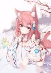  1girl :o absurdres animal animal_ear_fluff animal_ears bare_shoulders bell blush breasts brown_hair cleavage covered_nipples detached_sleeves dress fingernails fish flower fox_ears fox_girl fox_tail hair_bell hair_flower hair_ornament highres holding holding_animal jingle_bell long_hair long_sleeves looking_at_viewer medium_breasts original parted_lips purple_eyes rose see-through sleeves_past_wrists solo standing tail tree_branch veil very_long_hair wading water wet wet_clothes white_dress white_flower white_rose white_sleeves yue_(qtxyjiang) 