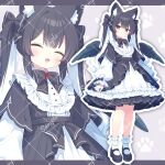  1girl :d ^_^ animal_ear_fluff animal_ears black_bow black_bowtie black_dress black_hair black_shoes black_wings blush bow bowtie cat_ears cat_girl closed_eyes closed_mouth commentary_request dress feathered_wings frilled_dress frilled_socks frills full_body grey_background long_hair long_sleeves looking_at_viewer multicolored_hair multiple_views open_mouth original outline potenoki red_eyes sample_watermark shoes sleeve_bow smile socks standing twintails two-tone_hair watermark watermark_grid white_hair white_outline white_socks wings zoom_layer 