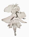  1girl boots commentary_request dressing from_behind full_body grimms_notes hakama hakama_skirt haori high_ponytail japanese_clothes long_hair monochrome o-ring ponytail shane_(grimms_notes) shane_(repage)_(grimms_notes) shino_(5no) simple_background skirt solo walking white_background 