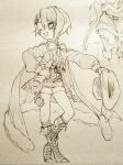  2girls boots cape coat commentary_request full_body grimms_notes hair_between_eyes hand_on_own_hip hat holding holding_unworn_clothes holding_unworn_hat long_sleeves looking_at_viewer monochrome monocle multiple_girls neck_ribbon one_eye_closed open_clothes open_coat parted_bangs puffy_long_sleeves puffy_sleeves ribbon shino_(5no) shorts simple_background smile third_(grimms_notes) third_(seiya)_(grimms_notes) traditional_media unworn_hat unworn_headwear 