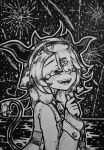  1girl aerial_fireworks animal_ears blush closed_eyes commentary cow_ears cow_girl cow_horns cow_tail crelly eyelashes fangs fireworks greyscale hair_ornament hairband hairclip heart horns indie_virtual_youtuber ishinadaako long_hair long_sleeves mole mole_under_mouth monochrome nose_blush open_mouth outline smile solo tail teeth traditional_media untranslatable_commentary upper_body upper_teeth_only virtual_youtuber 