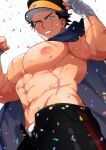  1boy abs arms_up bandaged_hand bandages bara black_hair black_hat black_pants blue_cape cape commentary_request confetti flexing golden_kamuy grey_eyes hat kzouzou large_pectorals male_focus male_underwear muscular muscular_male nipples open_pants pants parted_lips peaked_cap pectorals scar scar_on_face short_hair solo star_(symbol) sugimoto_saichi underwear white_male_underwear 
