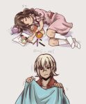  1boy 1girl bed black_eyes blanket blonde_hair braid brother_and_sister brown_hair character_doll closed_eyes colored_pencil commentary doll dress gouenji_shuuya gouenji_yuuka highres holding holding_blanket holding_pencil inazuma_eleven inazuma_eleven_(series) jacket light_smile lying nnj_001 on_side pencil pink_dress red_jacket siblings sleeping socks twin_braids twitter_username white_socks 
