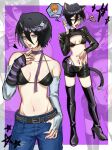  animal_ears belt bikini bikini_top_only black_hair black_lips black_shorts black_shrug bleach bridal_gauntlets cat_ears cat_tail cellphone denim earrings flip_phone hair_ornament hairclip halftone halftone_background high_heels highleg highleg_panties highres jeans jewelry kuchiki_rukia kurosaki_ichigo matchattrex orange_hair panties pants parted_lips phone purple_eyes shorts shrug_(clothing) side-tie_panties studded_belt swimsuit tail talking_on_phone torn_clothes torn_jeans torn_pants underwear 
